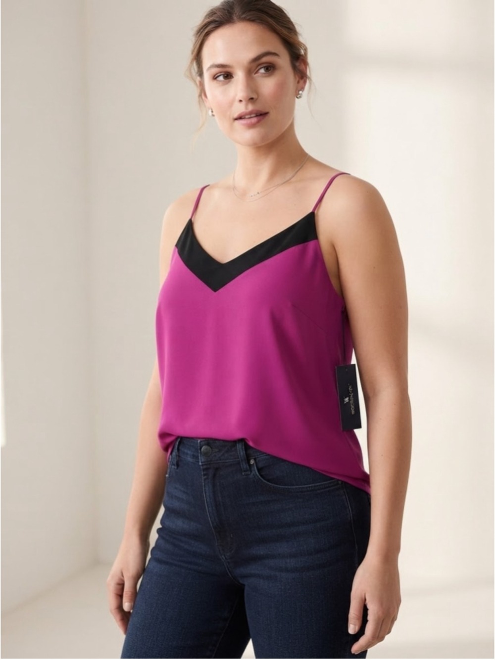 Worthington Magenta Pink Black Colorblock V-Neck Camisole Tank Top Size XL
